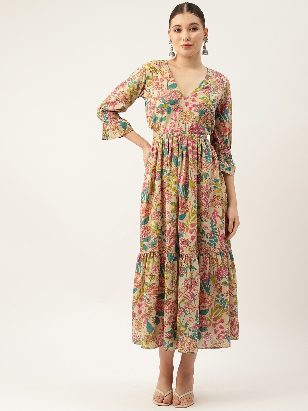 

Jaipur Morni Cream-Coloured Floral Print Bell Sleeve Pure Cotton Fit & Flare Maxi Dress