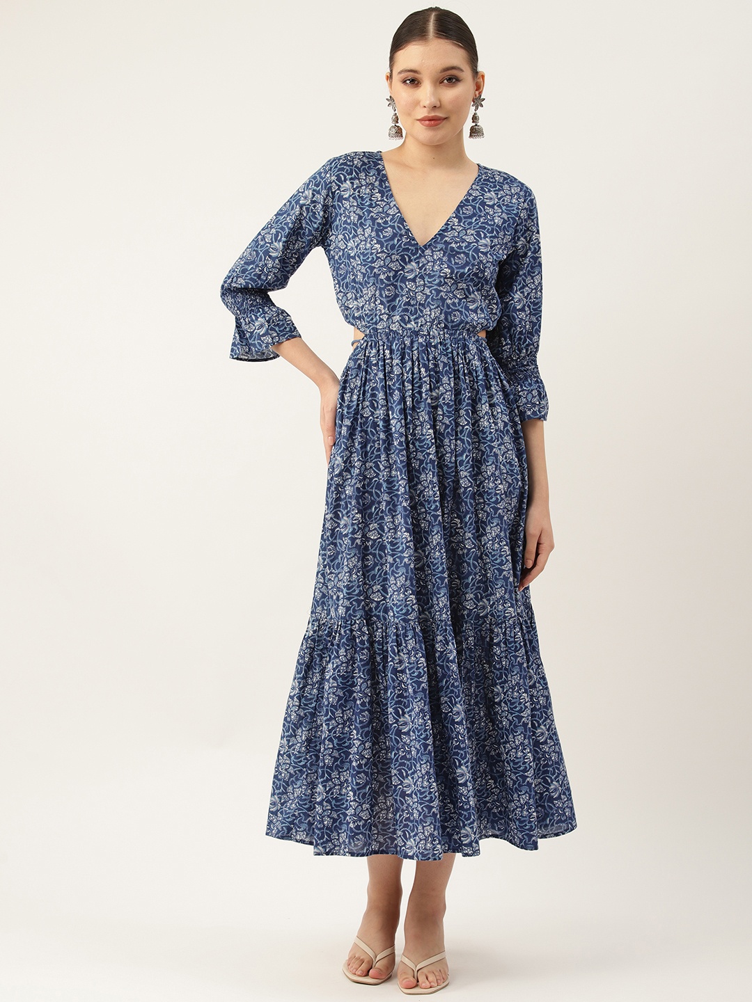 

Jaipur Morni Blue Floral Print Bell Sleeve Pure Cotton Fit & Flare Maxi Dress