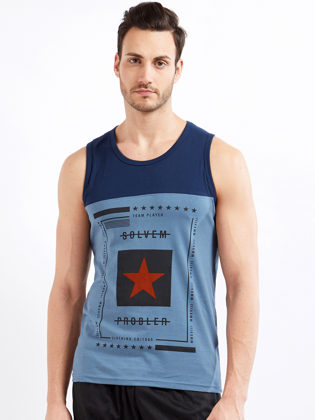 

Maniac Men Blue Printed Round Neck Slim Fit T-shirt