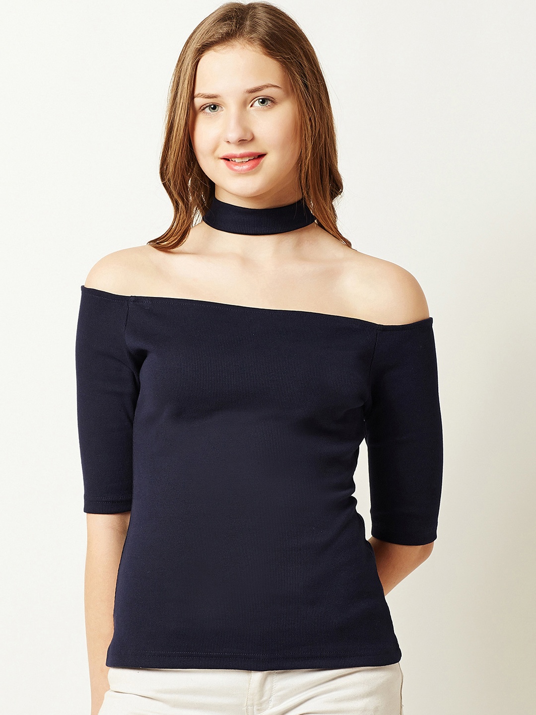 

Miss Chase Women Navy Blue Solid Bardot Pure Cotton Top