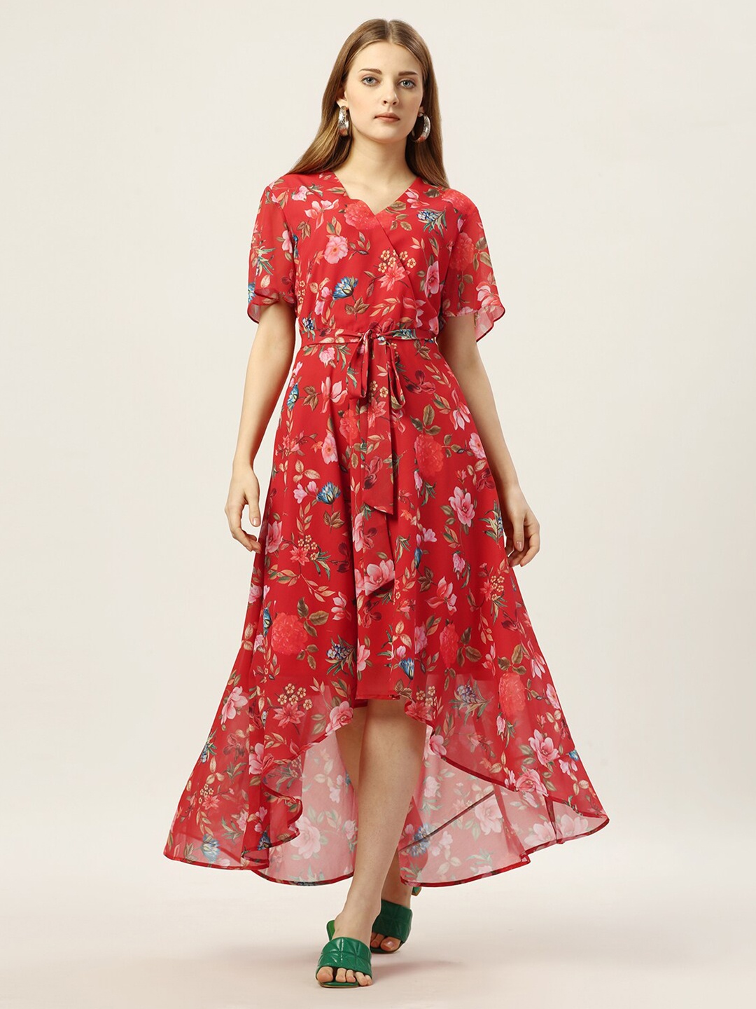 

SEW YOU SOON Floral Printed V-Neck Gathered & Pleated Tie-Up Midi Fit & Flare Dress, Red