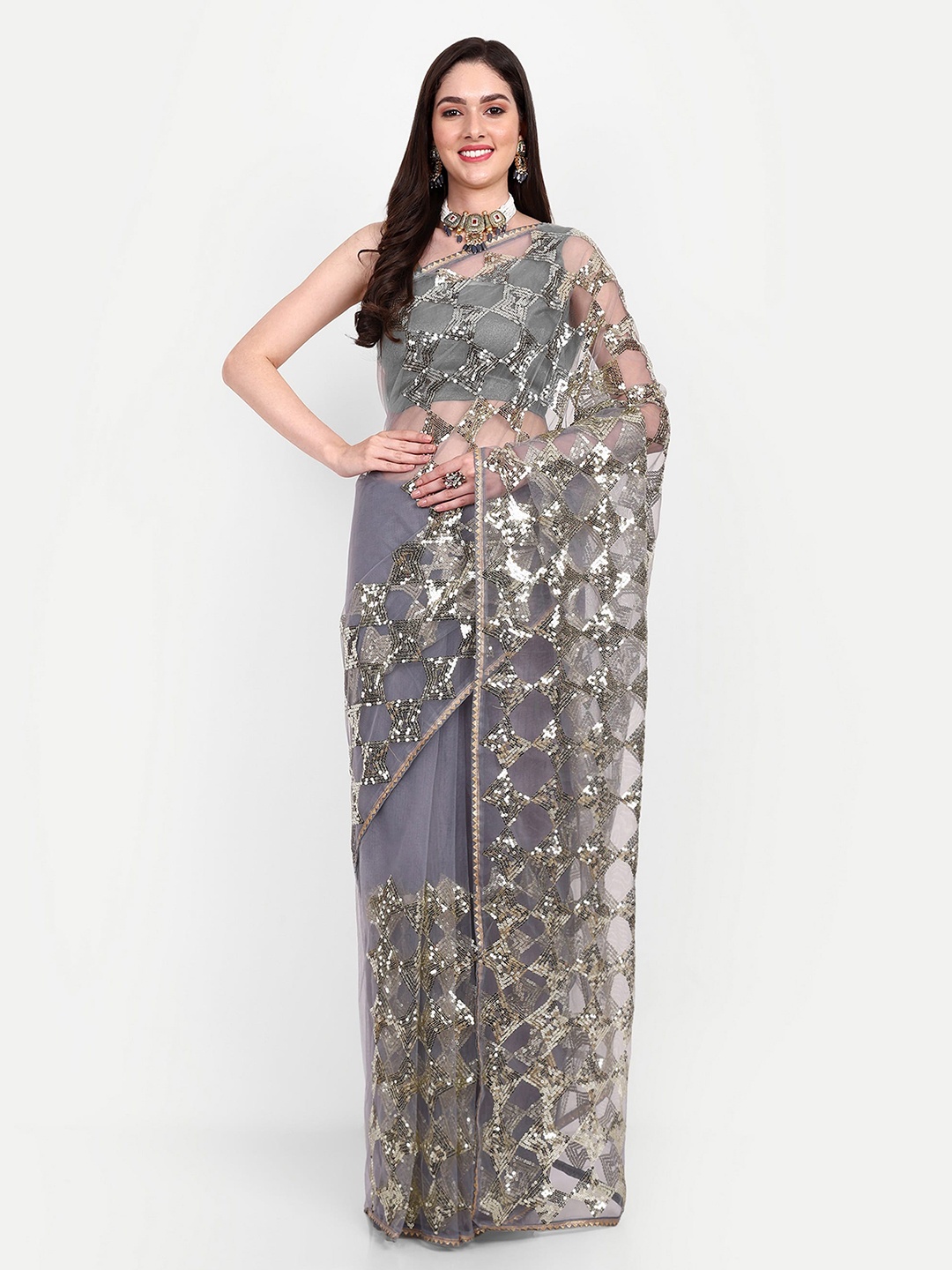 

BARKIYA CREATION Embellished Sequinned Detailed Net Saree, Grey