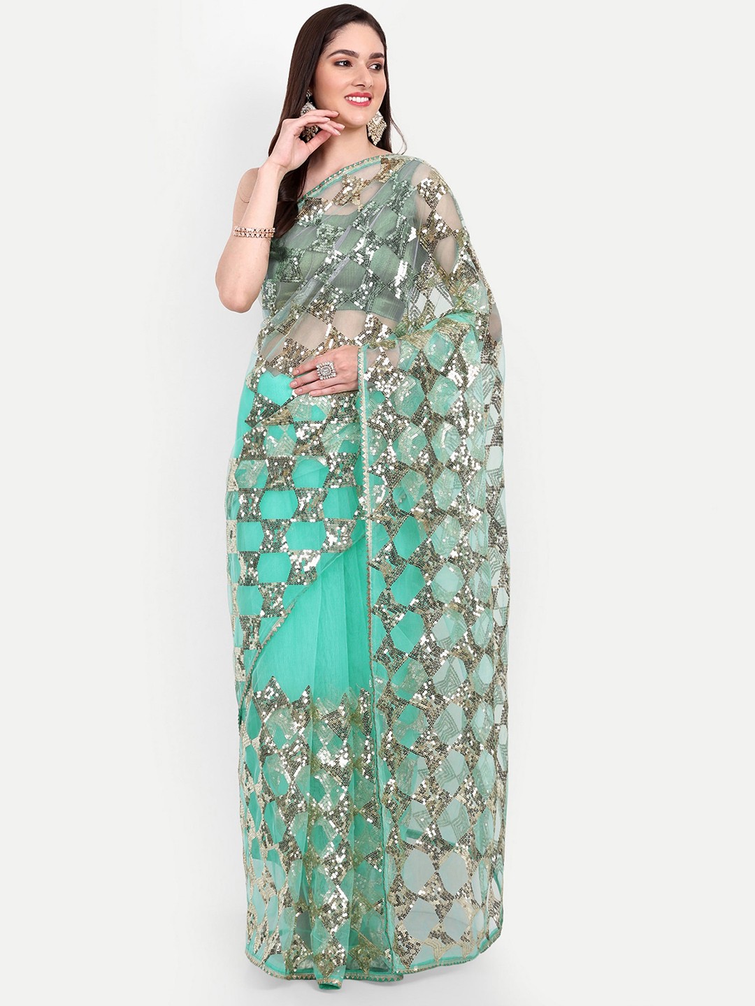 

BARKIYA CREATION Embellished Sequinned Net Saree, Turquoise blue