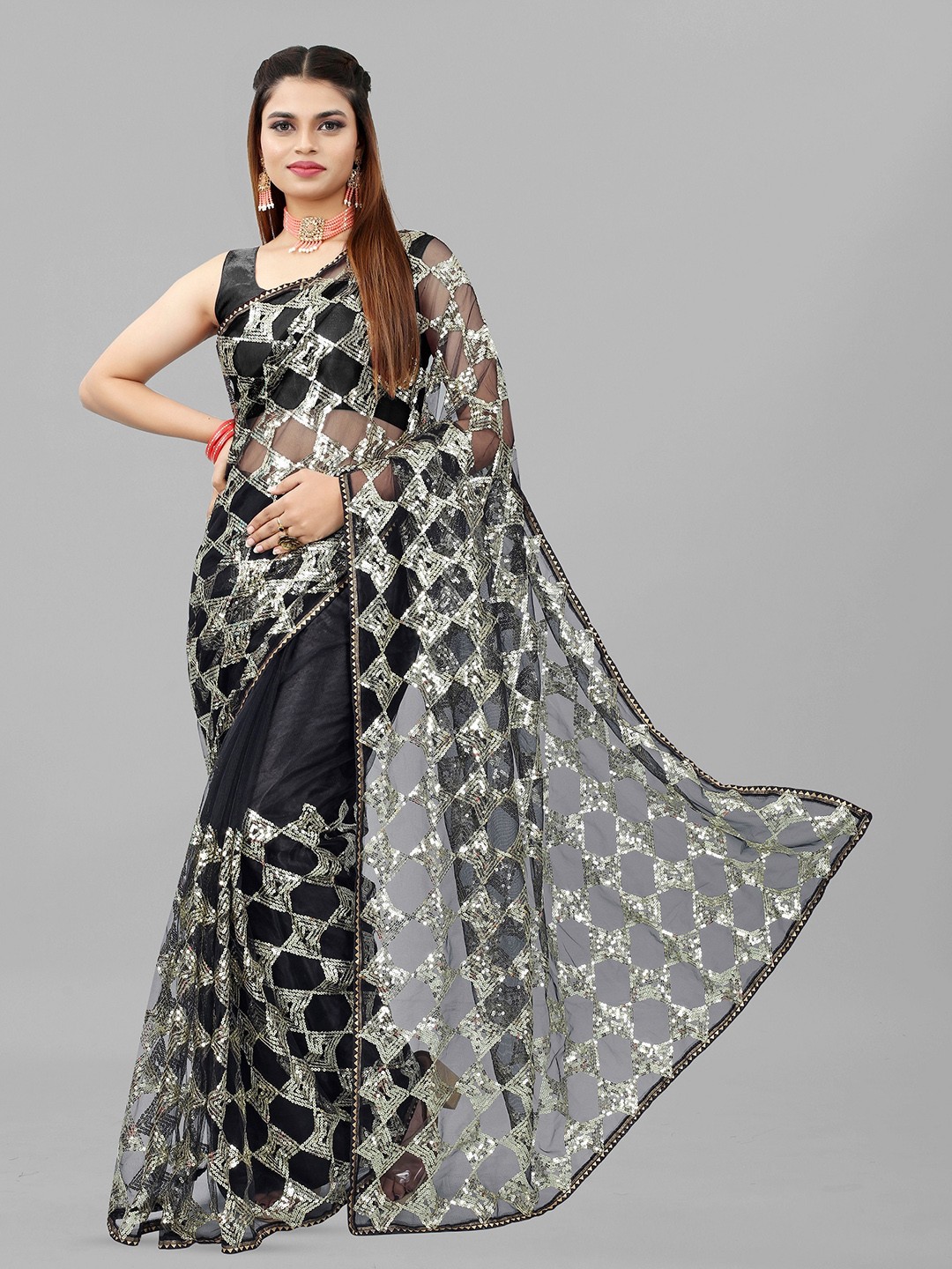 

BARKIYA CREATION Embellished Sequinned Net Saree, Black