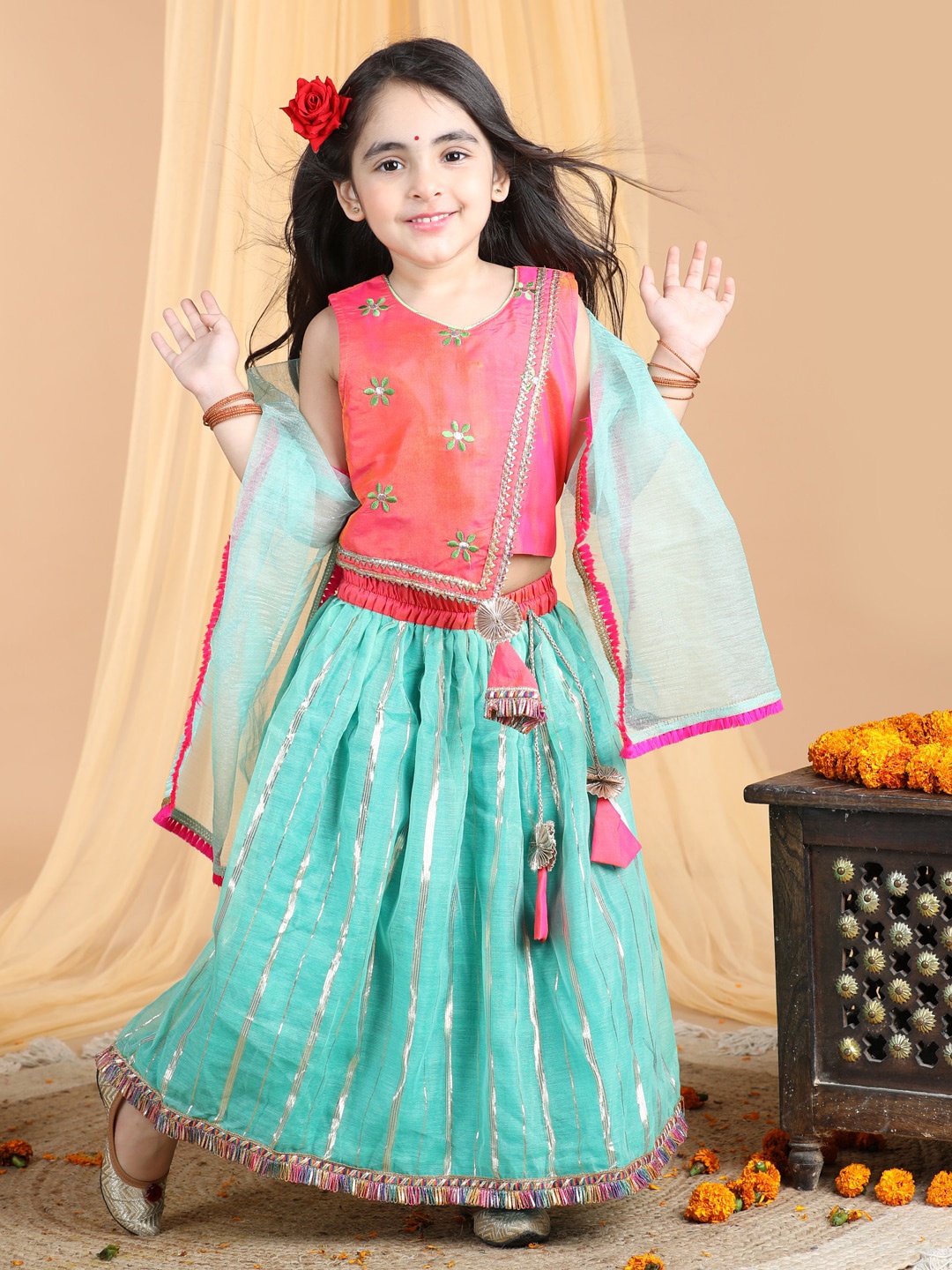 

Here&Now X Kinder Kids Girls Embroidered Ready to Wear Lehenga & Blouse With Dupatta, Pink