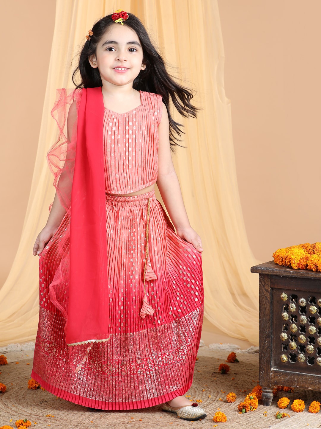 

Kinder Kids Girls Embroidered Ready to Wear Lehenga & Blouse With Dupatta, Peach