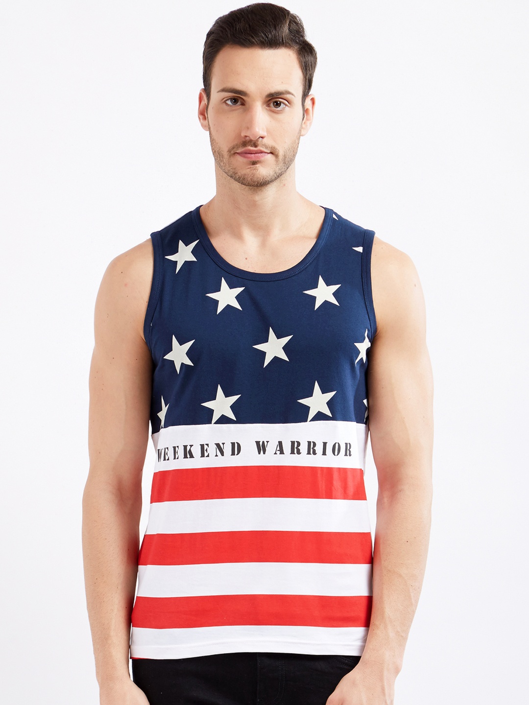 

Maniac Men White & Navy Printed Round Neck Slim Fit T-shirt