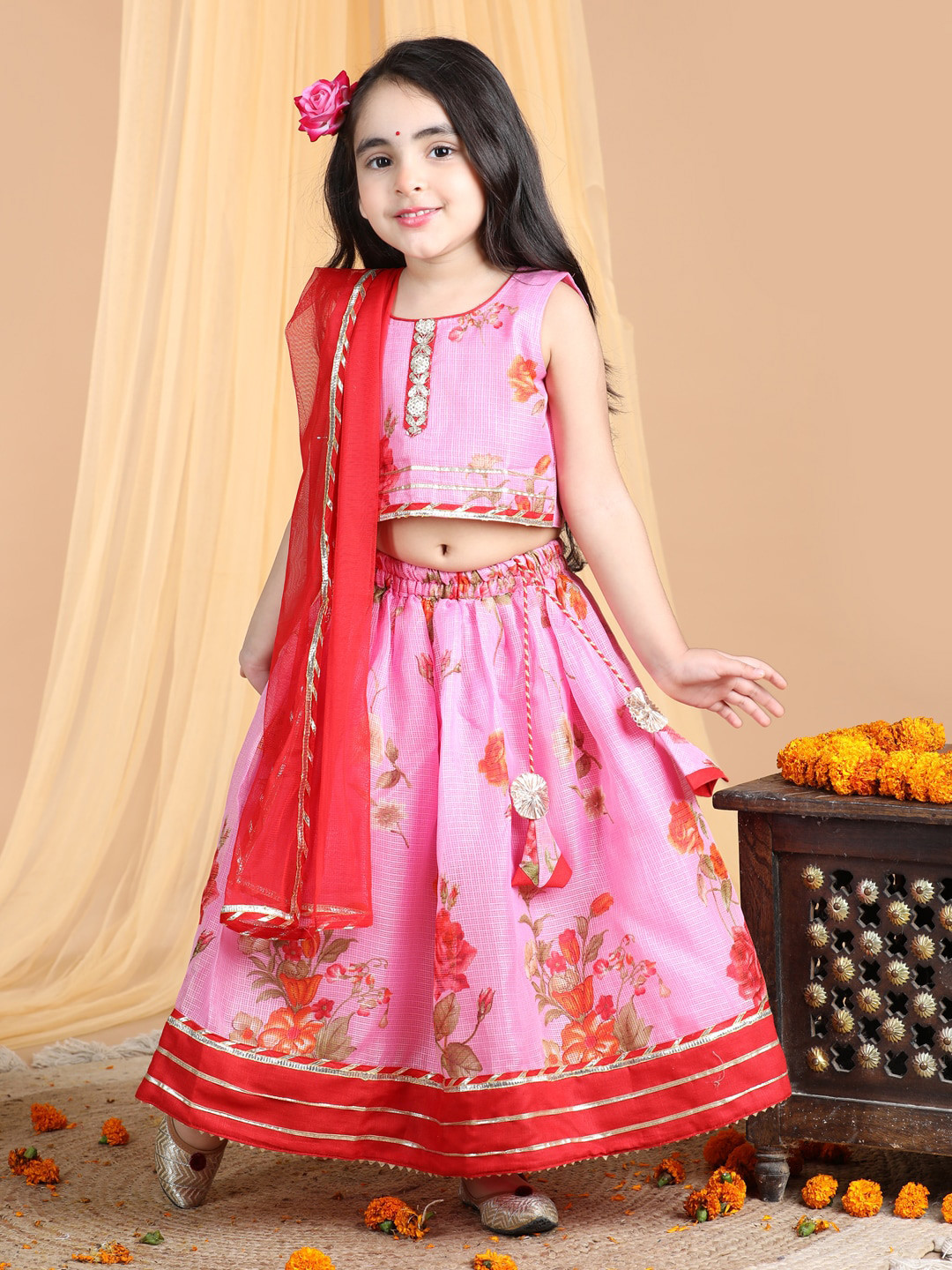 

Here&Now X Kinder Kids Girls Embroidered Ready to Wear Lehenga & Blouse With Dupatta, Pink