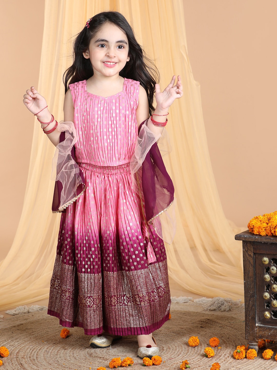 

Here&Now X Kinder Kids Girls Embroidered Ready to Wear Lehenga & Blouse With Dupatta, Pink