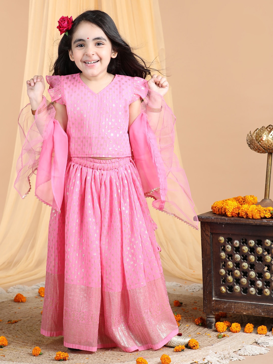 

Here&Now X Kinder Kids Girls Embroidered Ready to Wear Lehenga & Blouse With Dupatta, Pink