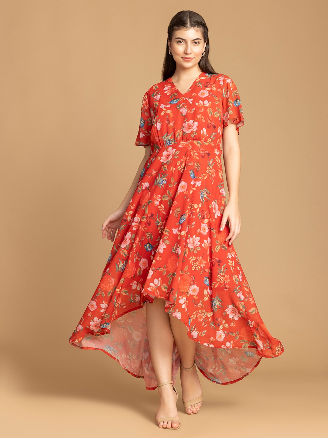 

OCTICS Floral Printed Georgette Maxi Dress, Red
