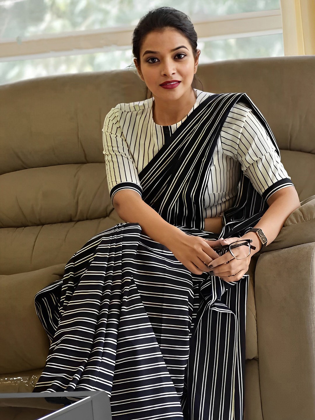 

Mitera Striped Saree, Black