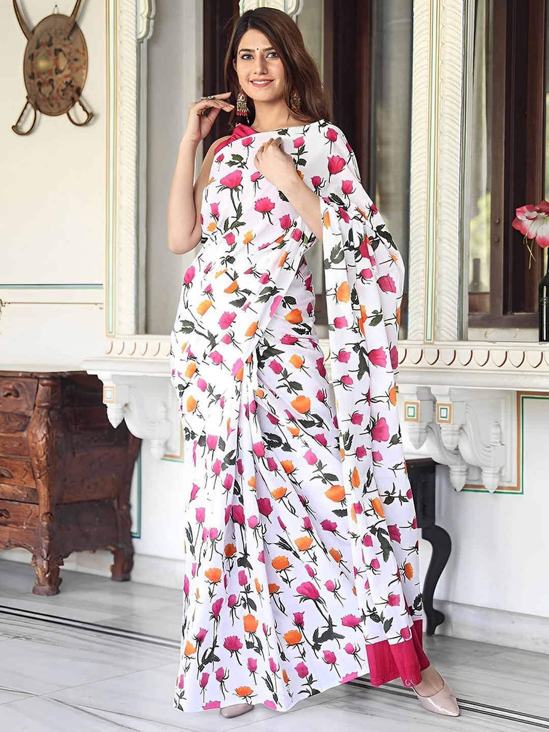

Mitera Floral Printed Saree, White