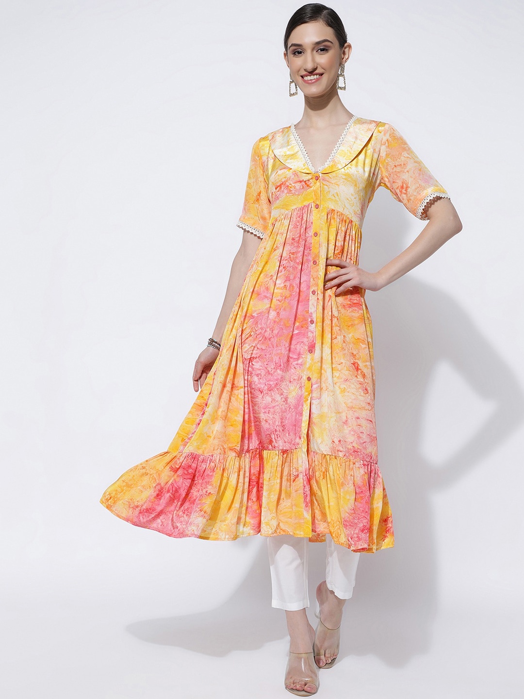 

KALINI Abstract Printed V-Neck Lace Inserts Anarkali Kurta, Yellow