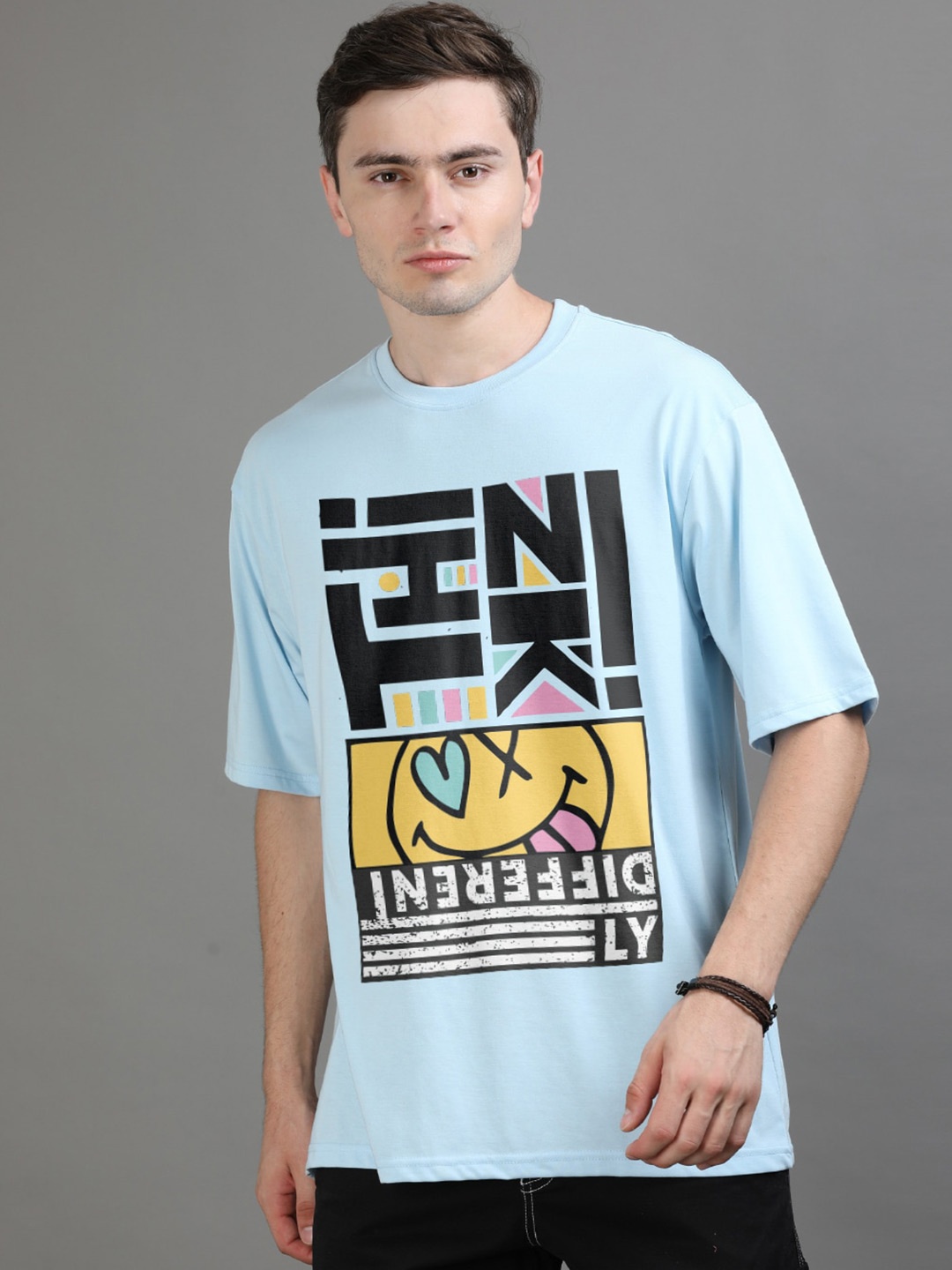 

Bushirt Typography Printed Drop-Shoulder Sleeves Oversized Pure Cotton T-shirt, Blue