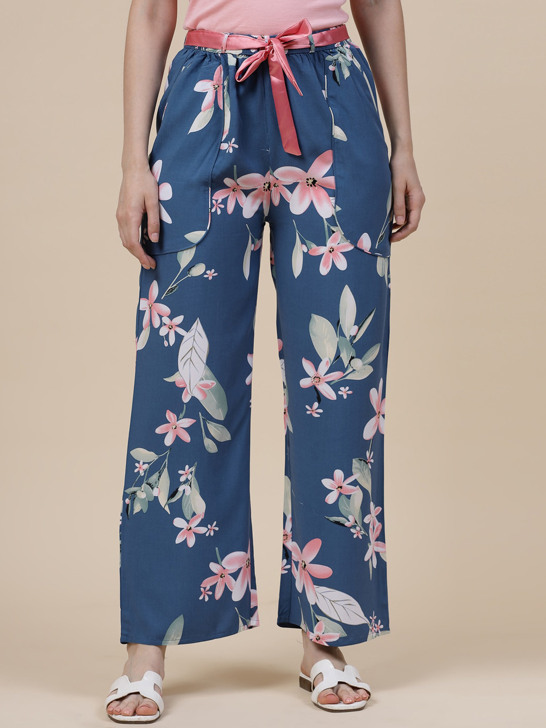 

Sweet Dreams Navy Blue Women Floral Printed Straight Palazzos