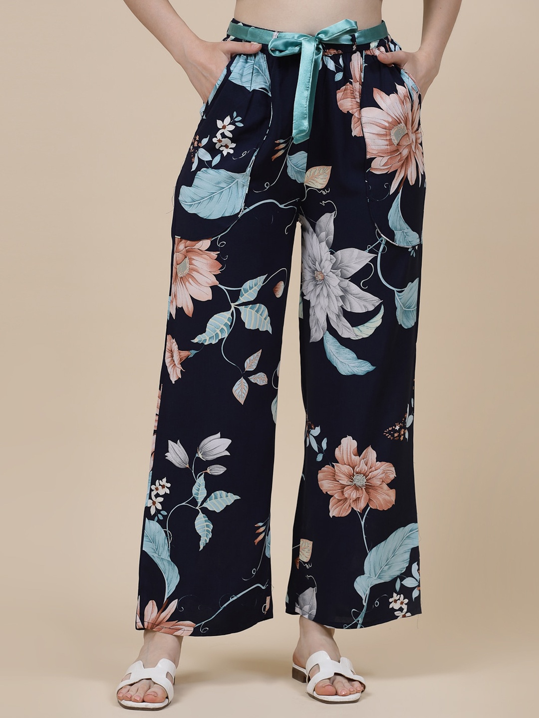

Sweet Dreams Women Floral Printed Palazzos, Navy blue