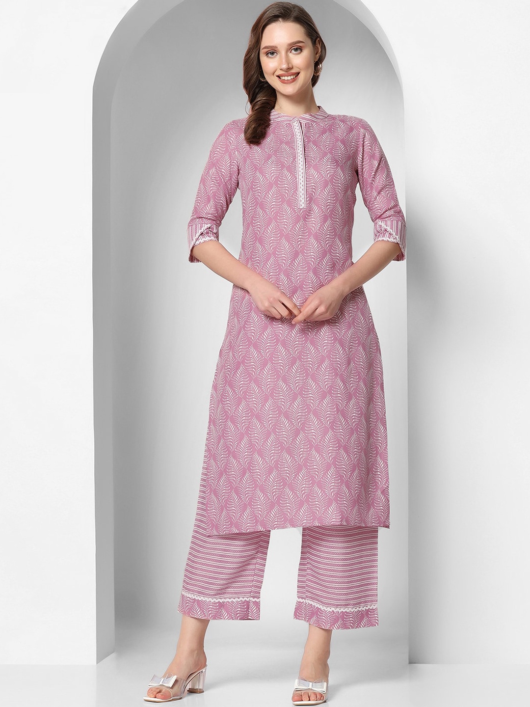 

KALINI Ethnic Motif Printed Band Collar Regular Kurta with Trousers, Pink