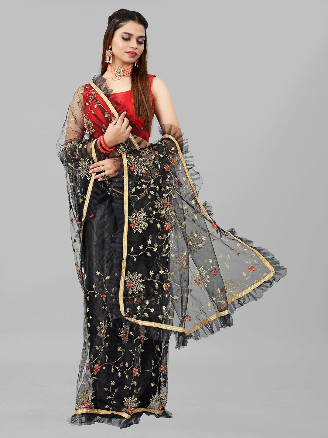 

BARKIYA CREATION Floral Embroidered Net Ruffle Saree, Black
