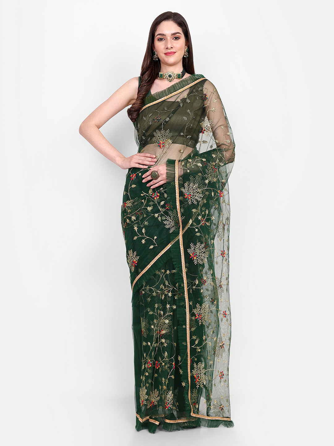 

BARKIYA CREATION Floral Embroidered Net Ruffle Saree, Green