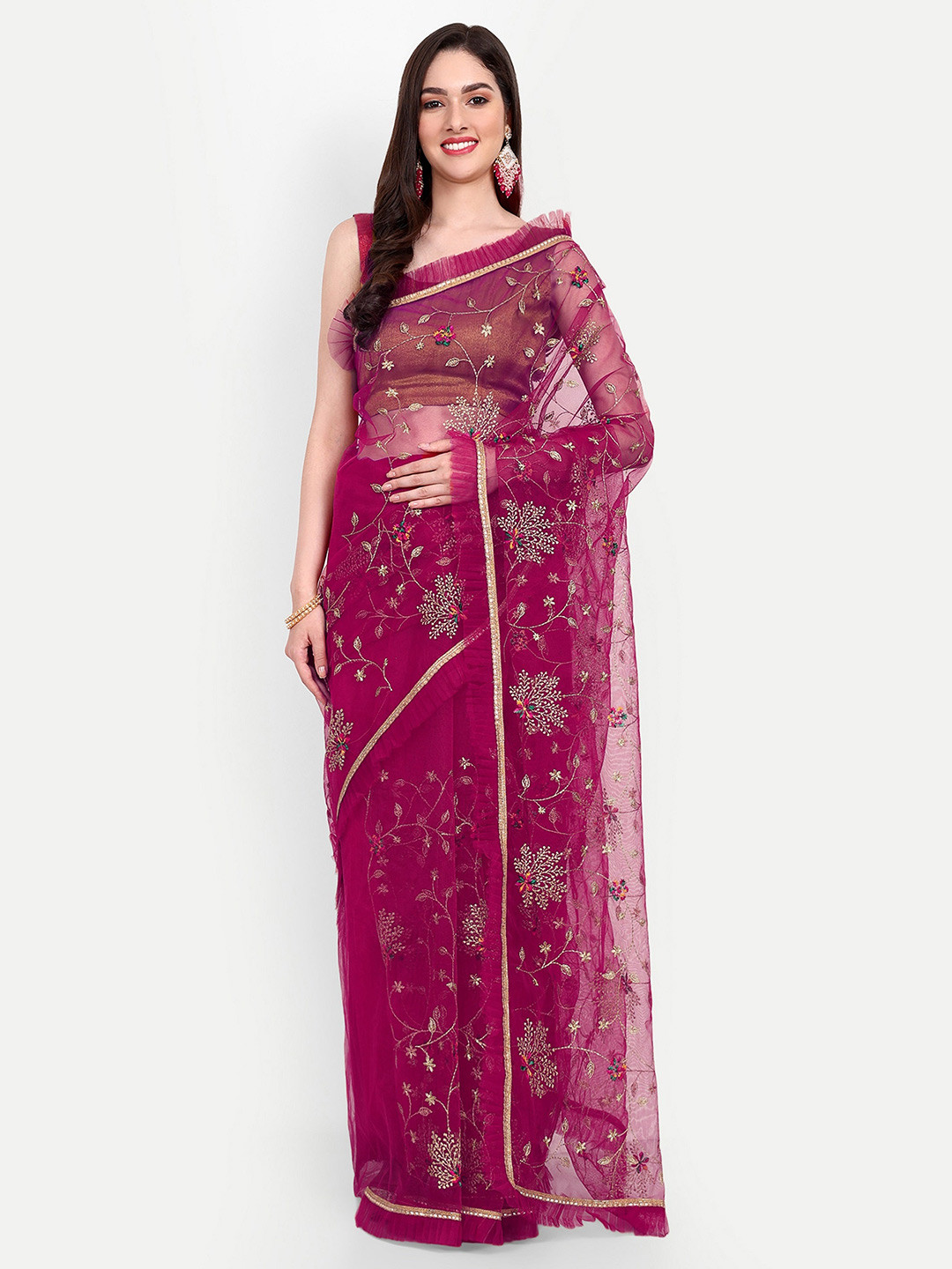 

BARKIYA CREATION Floral Embroidered Ruffles Net Saree, Pink