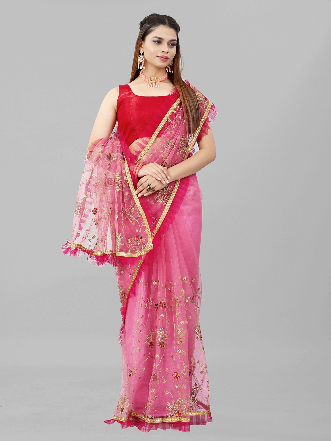 

BARKIYA CREATION Floral Embroidered Net Ruffle Saree, Pink