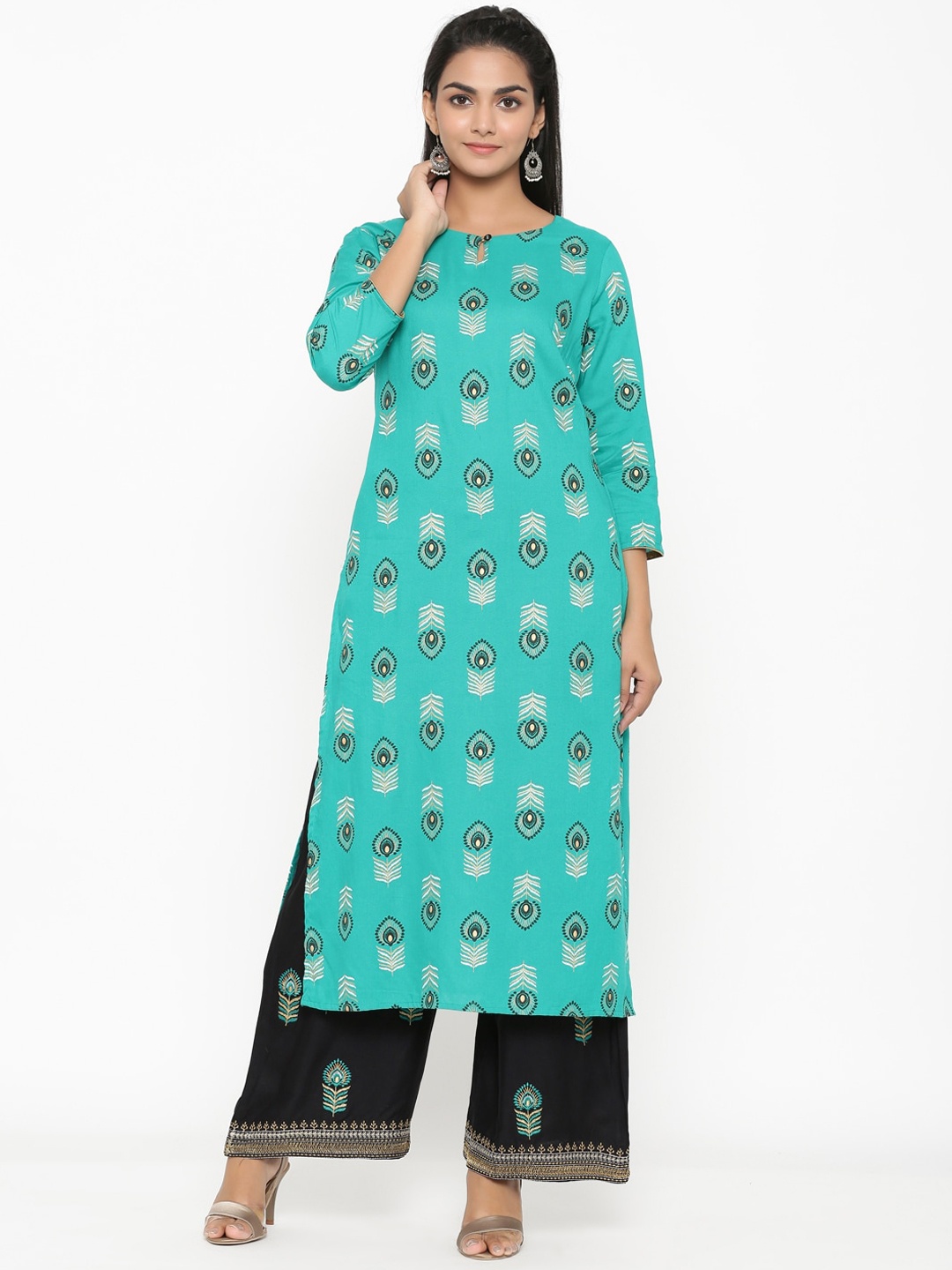 

RANGMAYEE Ethnic Motifs Printed Thread Work Kurta with Palazzos, Turquoise blue