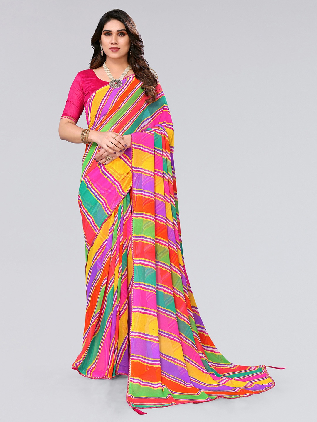 

SIRIL Striped Poly Georgette Leheriya Saree, Red