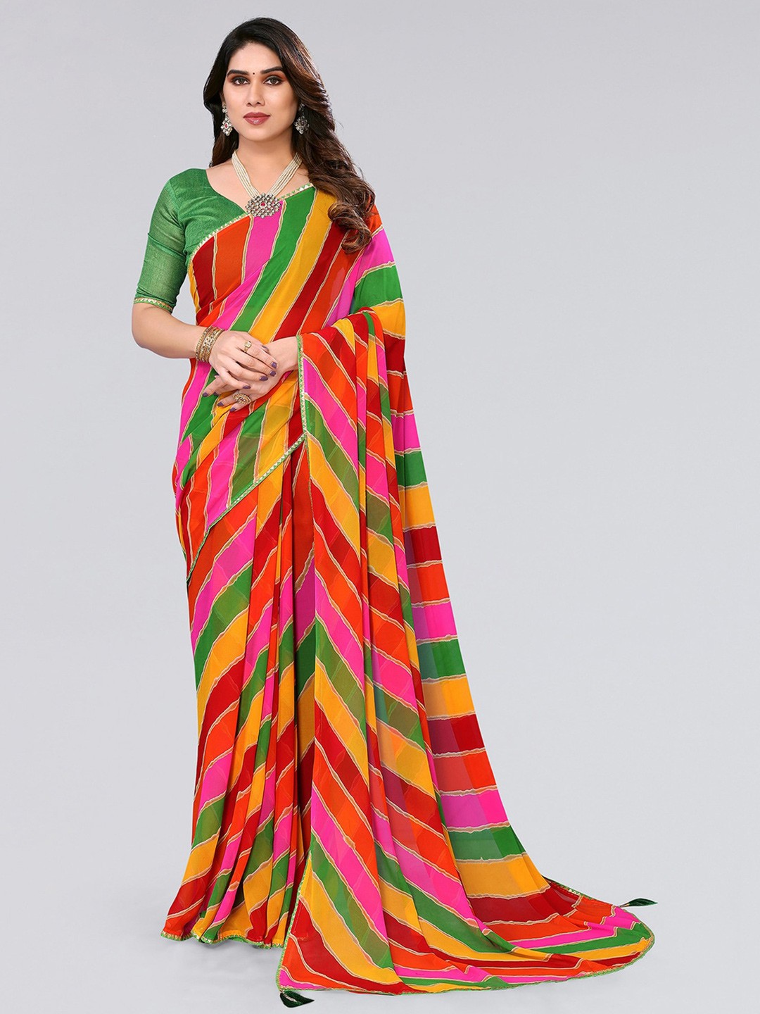 

SIRIL Leheriya Printed Gotta Patti Poly Georgette Leheriya Saree, Pink