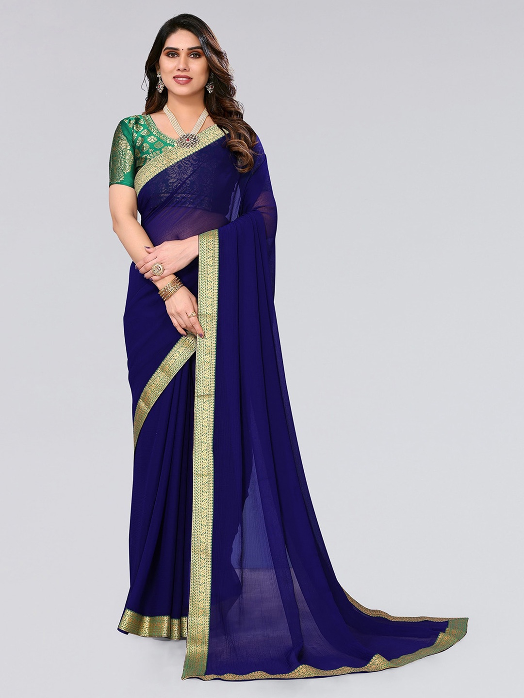 

SIRIL Zari Poly Chiffon Saree, Blue