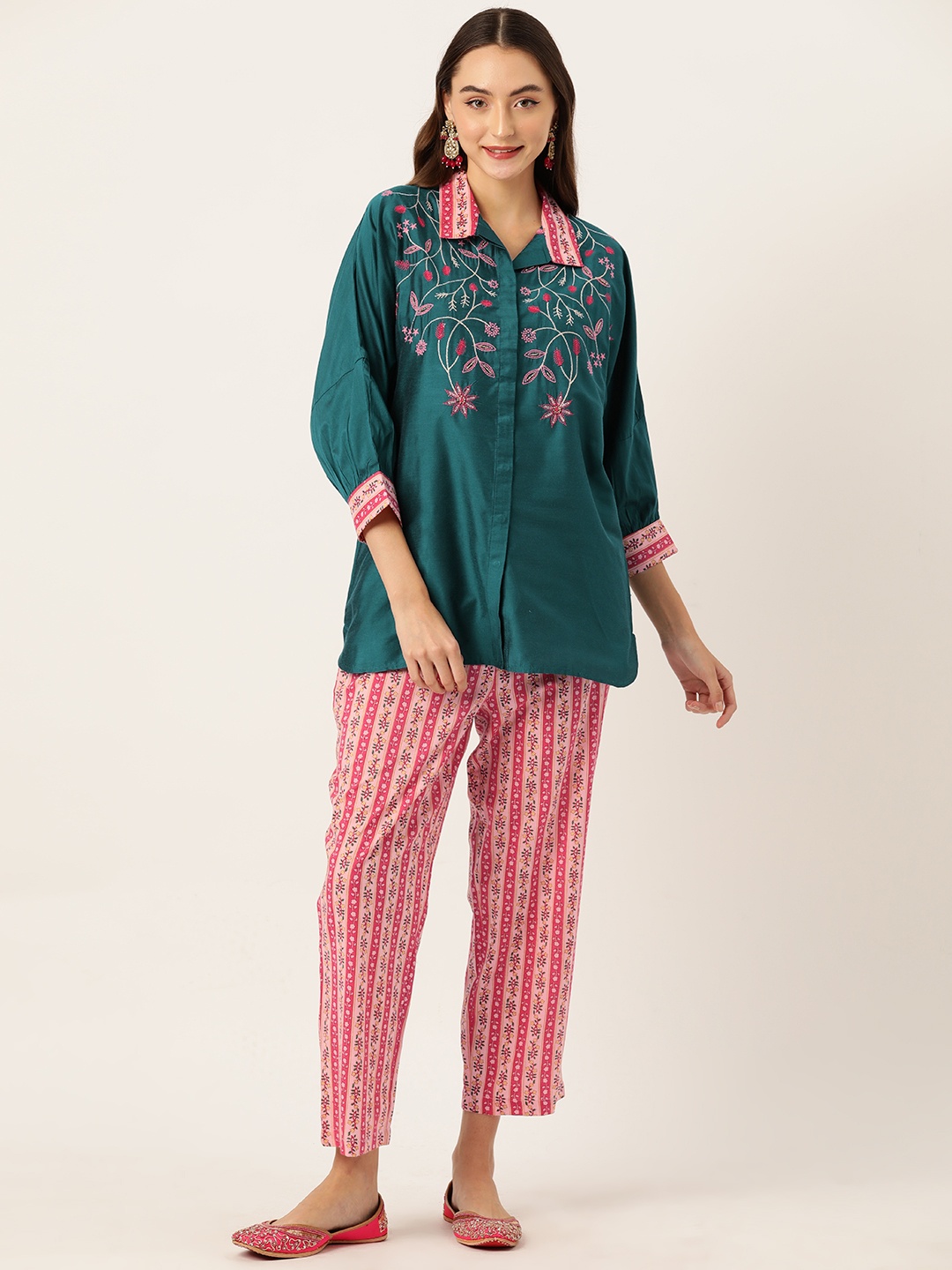 

MISRI Women Floral Embroidered Cotton Shirt & Trousers, Teal