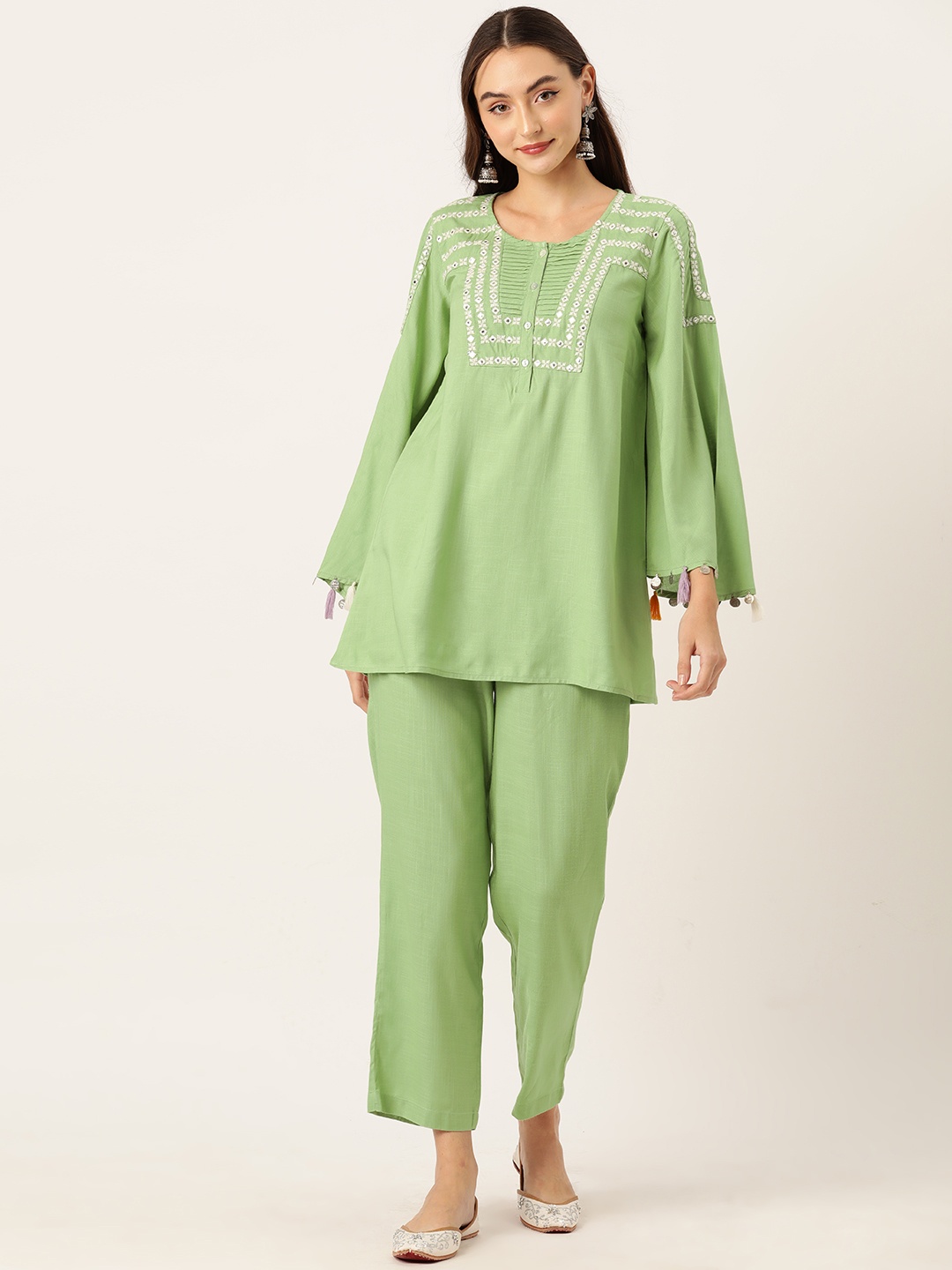 

MISRI Embroidered Yoke Design Tunic with Trousers, Green