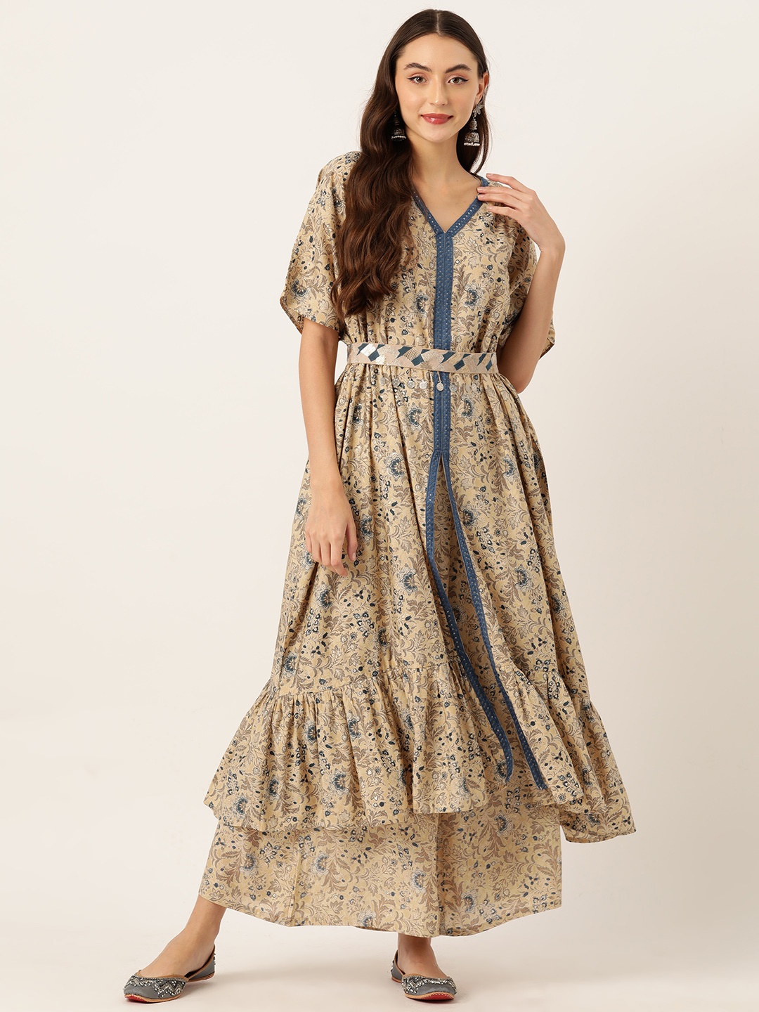 

MISRI Women Floral Printed Pleated Pure Cotton Kurta with Palazzos, Beige