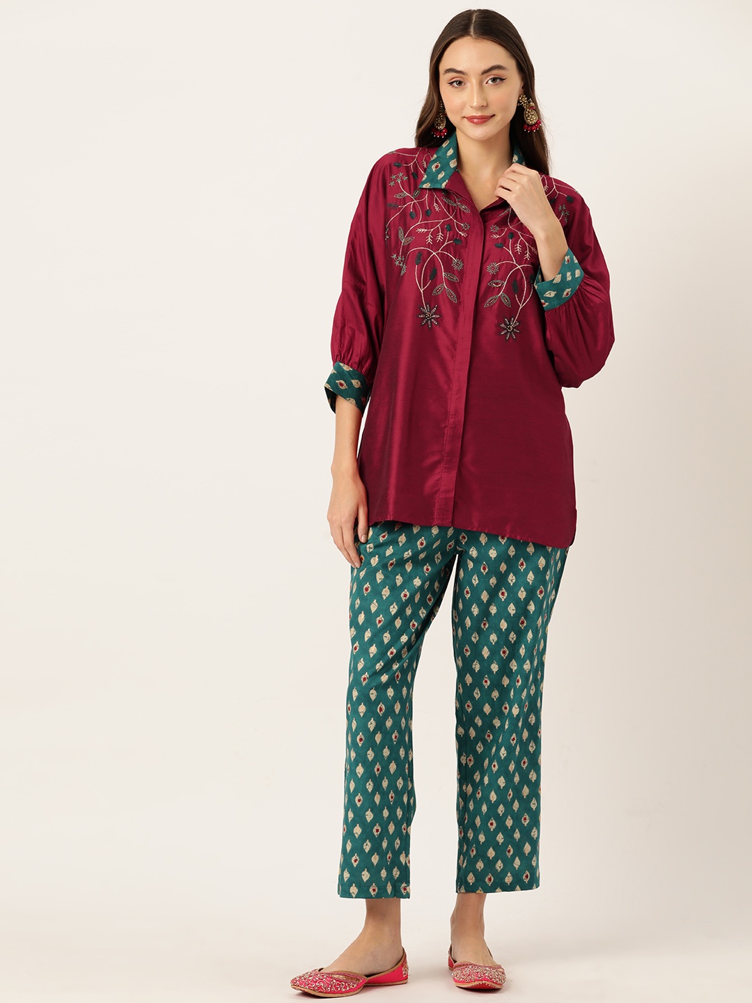 

MISRI Women Floral Embroidered Cotton Shirt with Trousers, Maroon