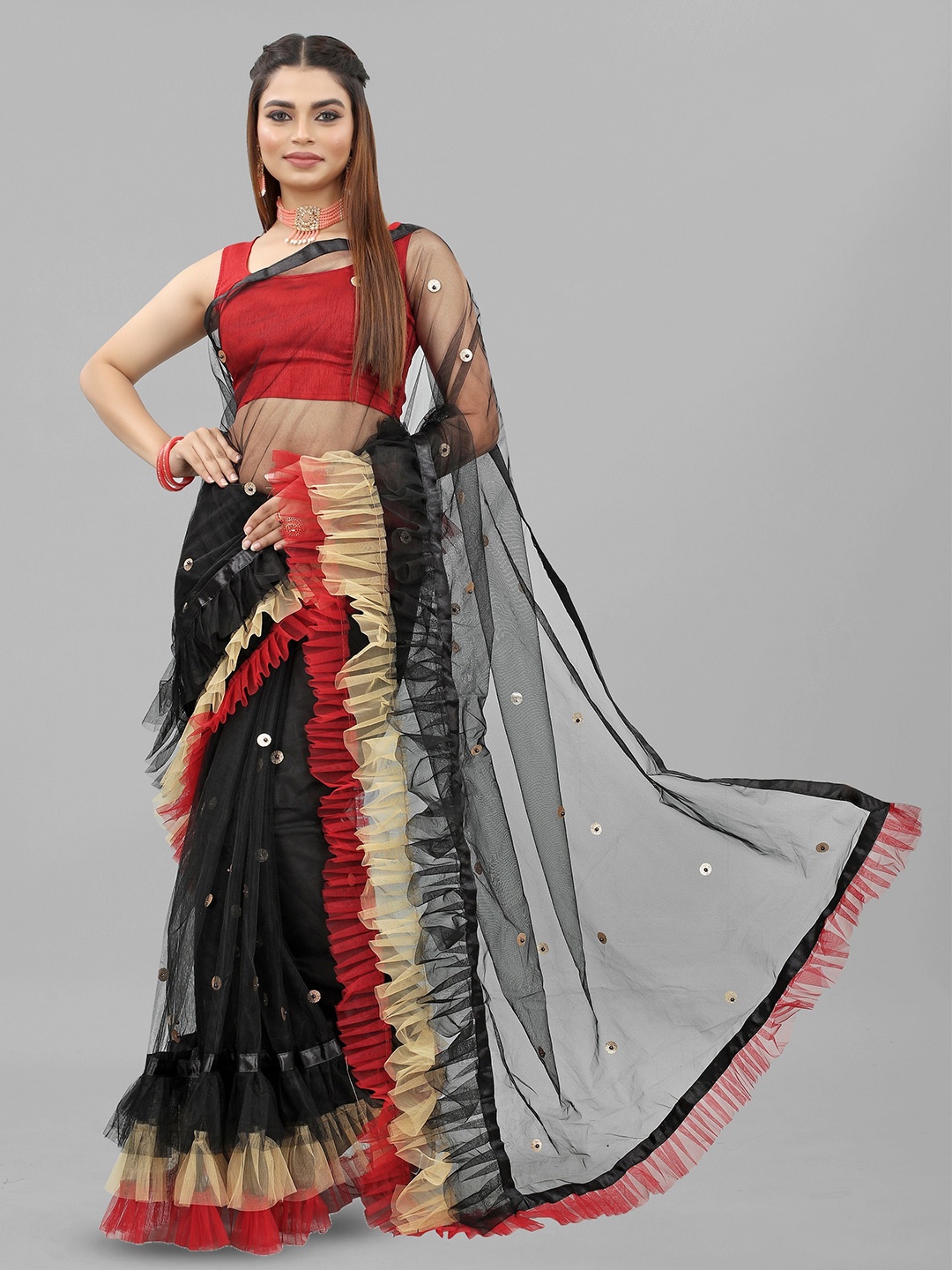 

BARKIYA CREATION Embellished Beads and Stones Ruffles Net Saree, Black
