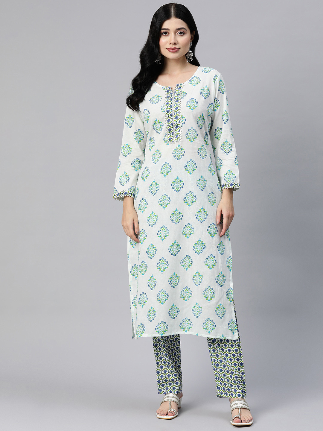 

Readiprint Women Ethnic Motifs Printed Regular Gotta Pure Cotton Kurta Set, Turquoise blue