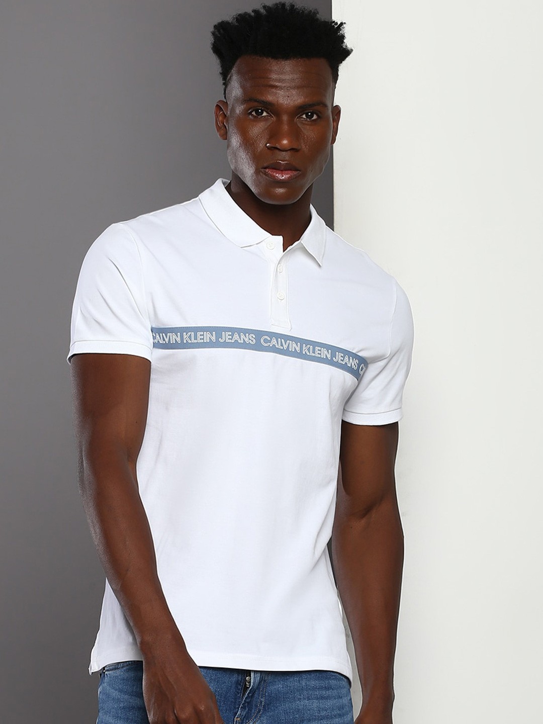 

Calvin Klein Typography Printed Polo Collar Cotton T-shirt, White