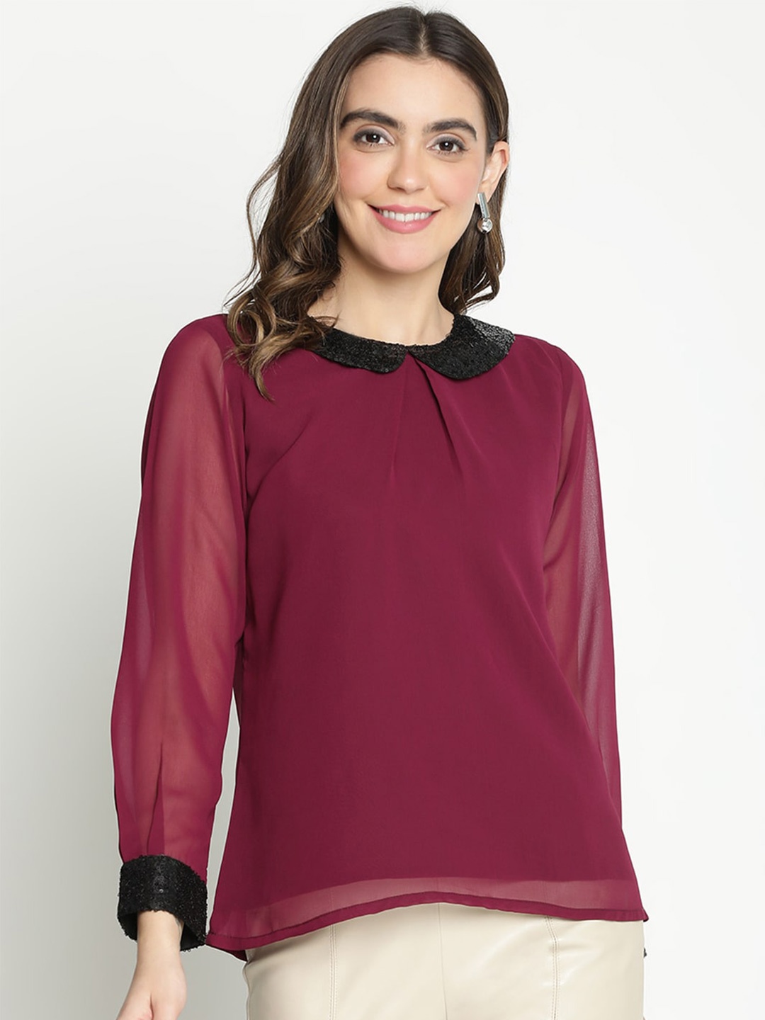 

DRAAX Fashions Peter Pan Collar Sequinned Long sleeves Top, Maroon