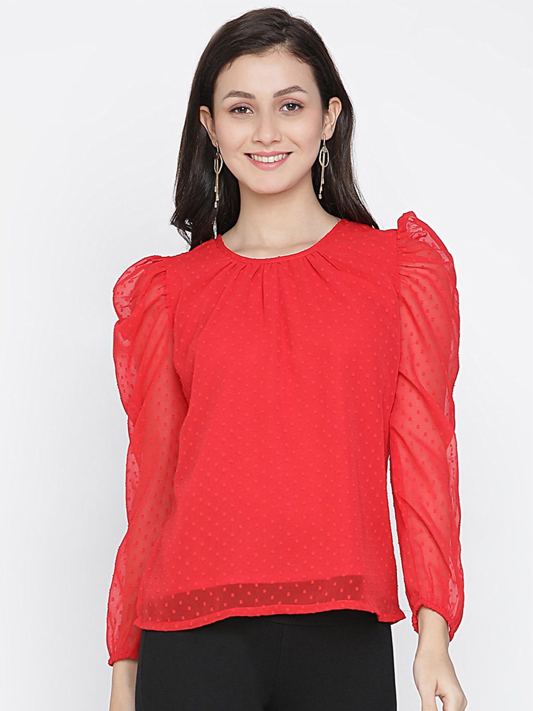 

DRAAX Fashions Self Design Long Puff Sleeves Top, Red