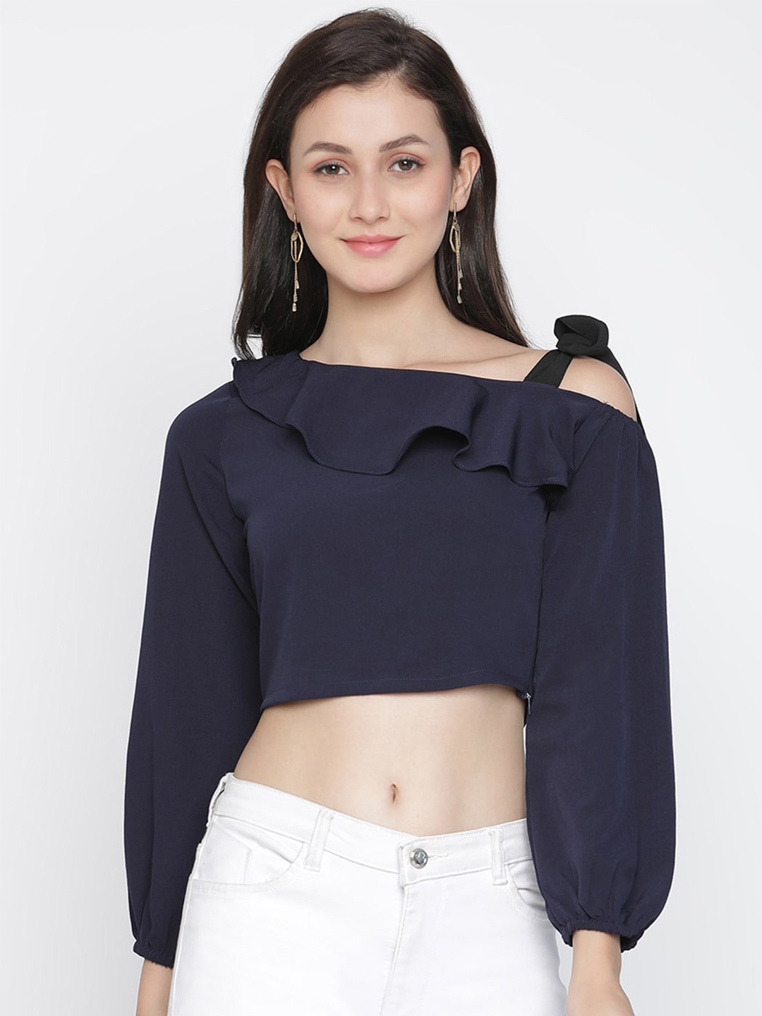 

DRAAX Fashions Asymmetric Neck Puff Sleeve Ruffled Regular Crop Top, Blue