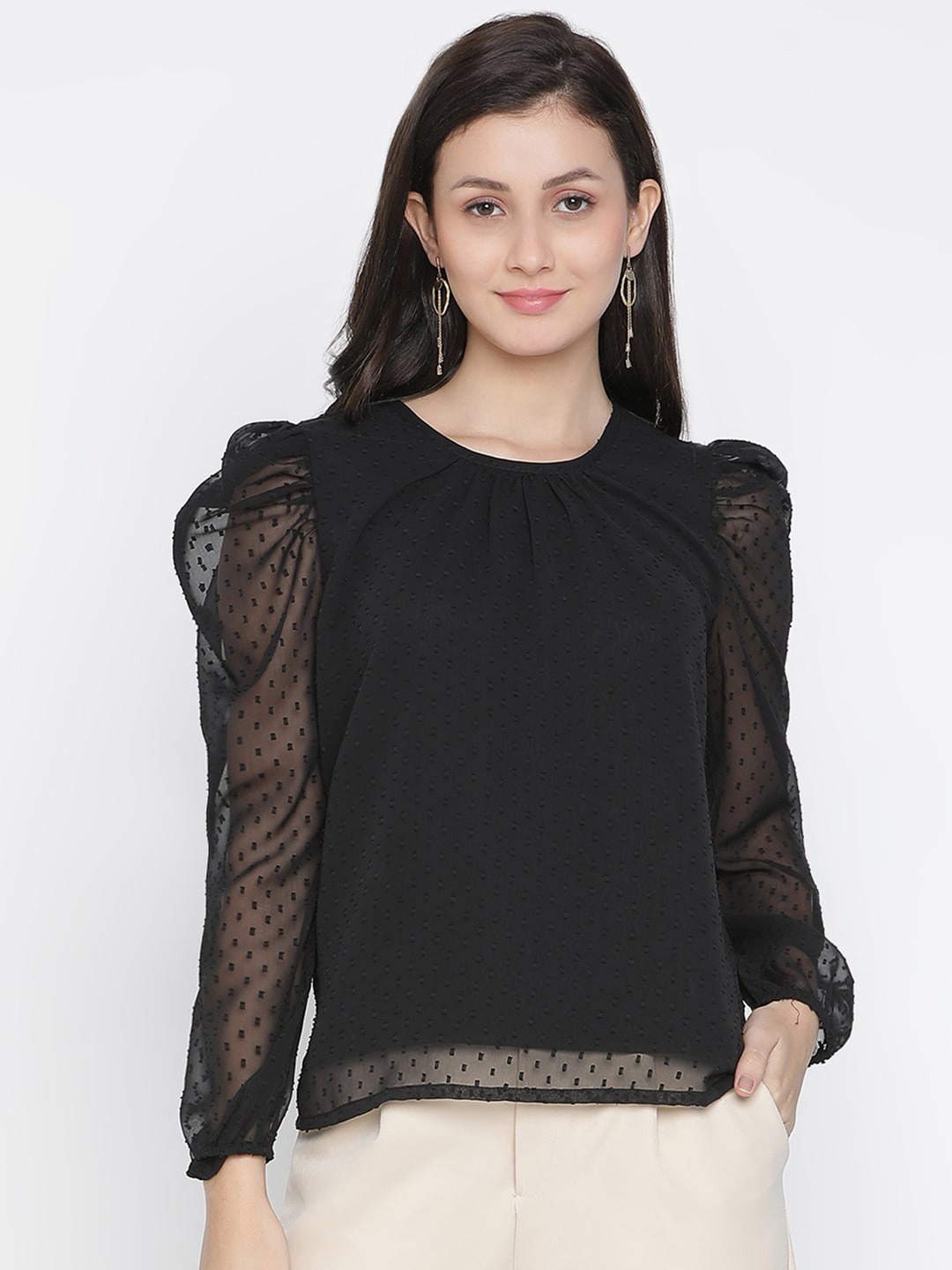 

DRAAX Fashions Self Design Puff Sleeve Regular Top, Black