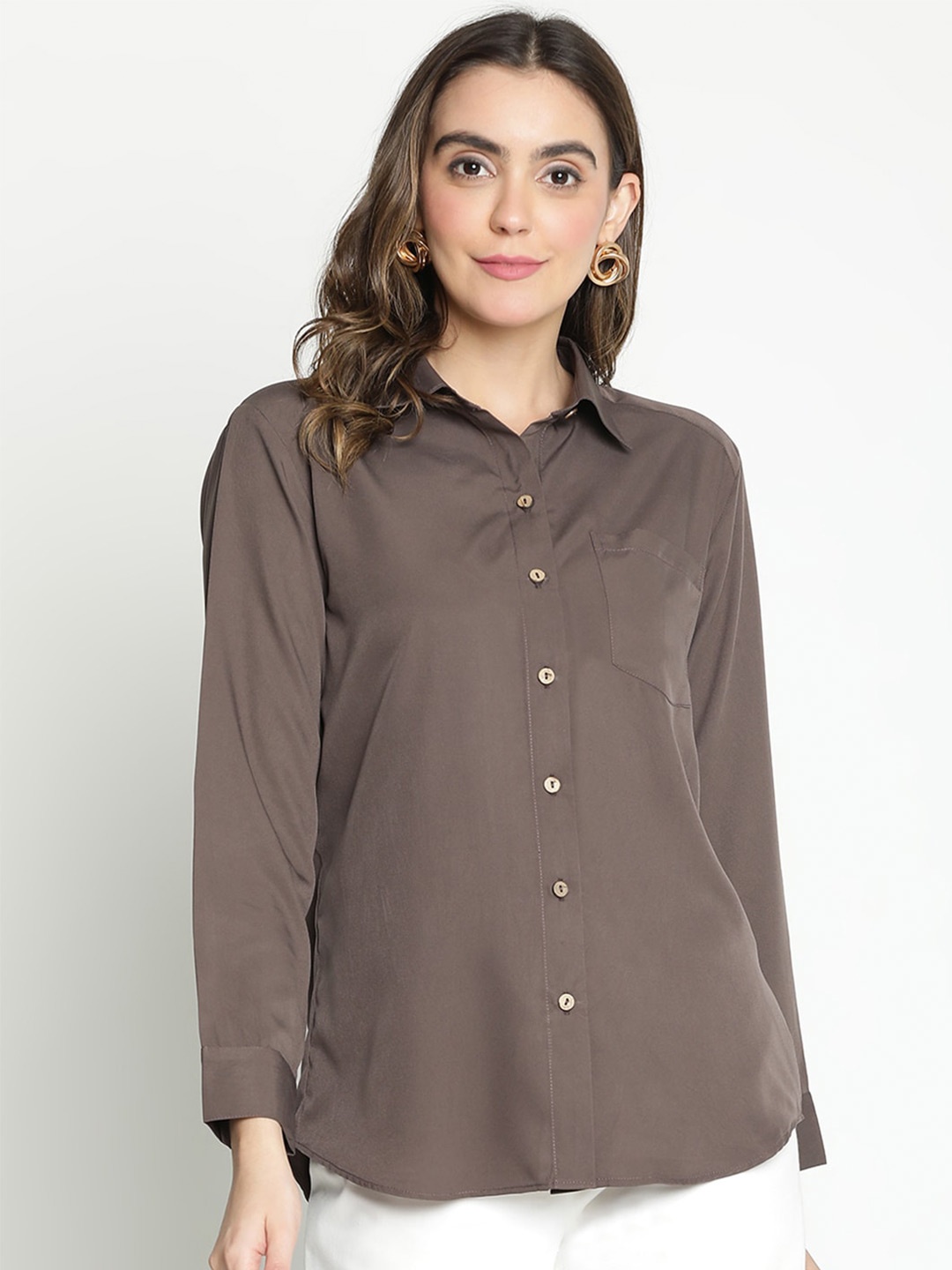 

DRAAX Fashions Shirt Collar Cuffed Sleeve Shirt Style Top, Grey