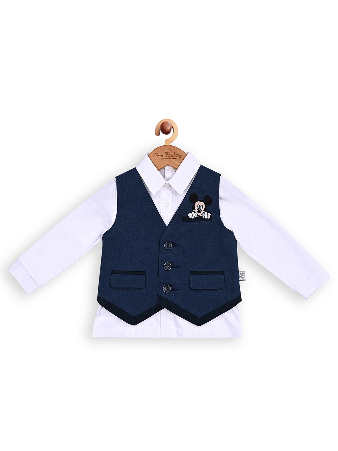 

One Friday Infants Boys Checked Mickey Printed Waistcoat Comes With Shirt, Navy blue