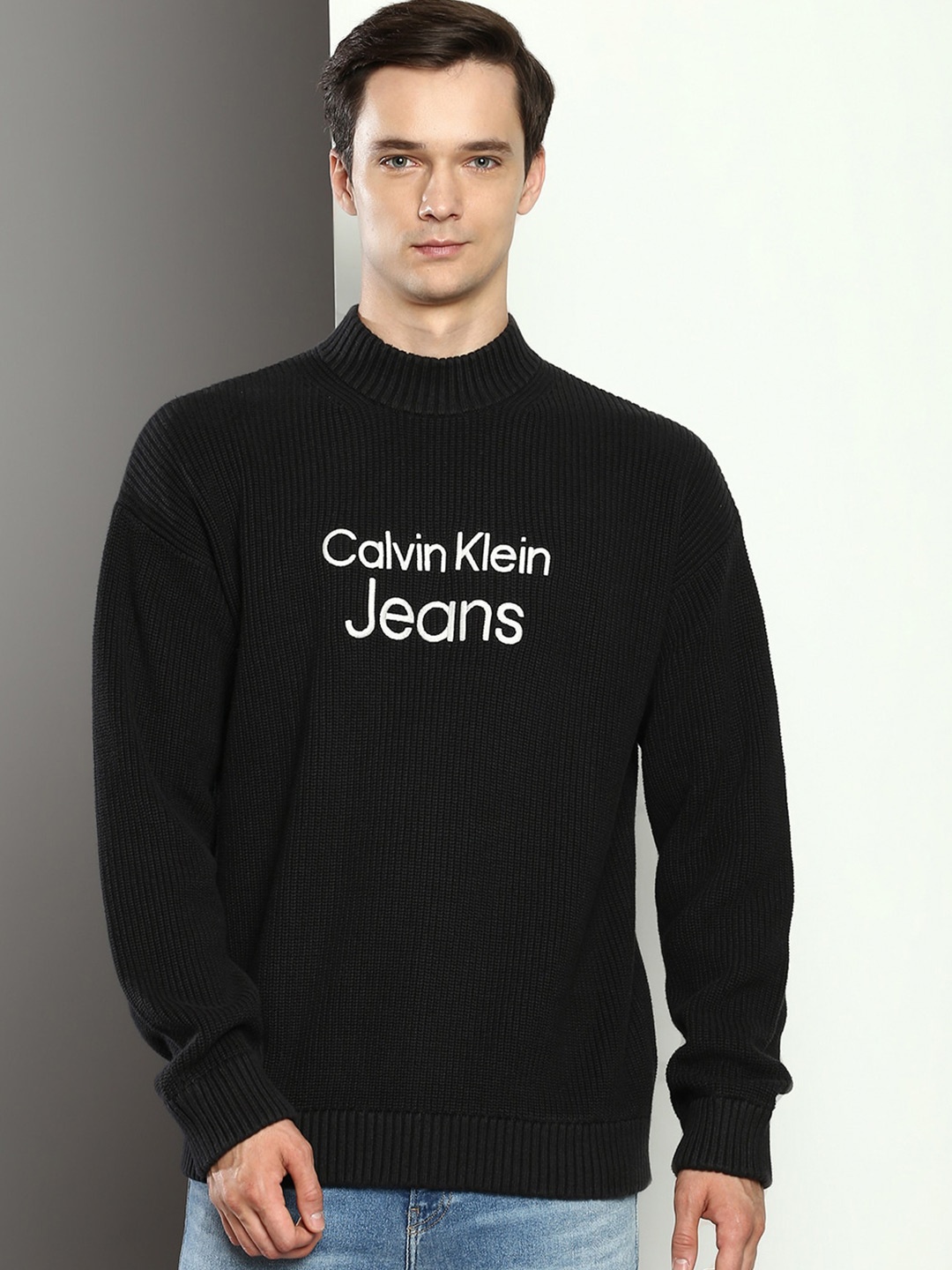 

Calvin Klein Jeans Printed Organic Cotton Ribbed Pullover Sweater, Black