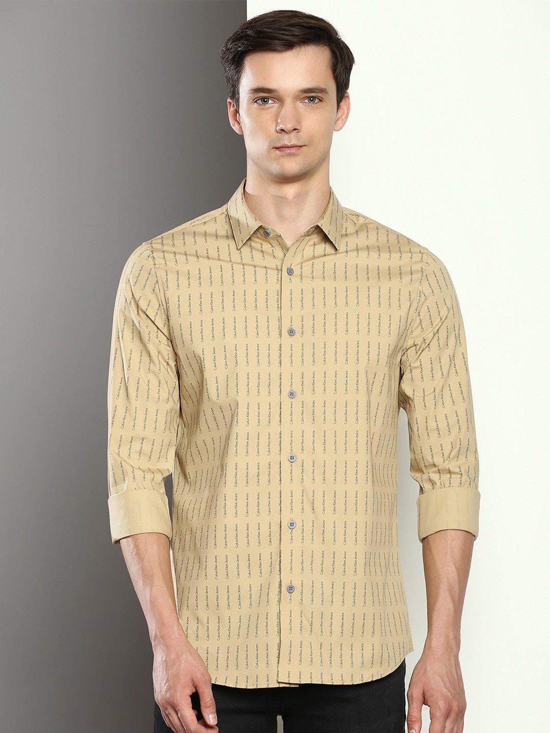 

Calvin Klein Slim Fit Typography Printed Cotton Casual Shirt, Khaki