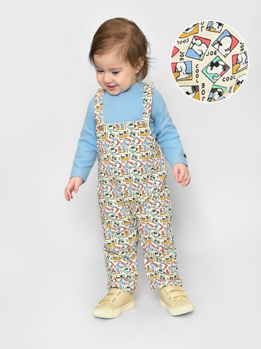 

MiArcus Infants Peanuts Printed Cotton Straight Leg Dungaree With Romper, Yellow