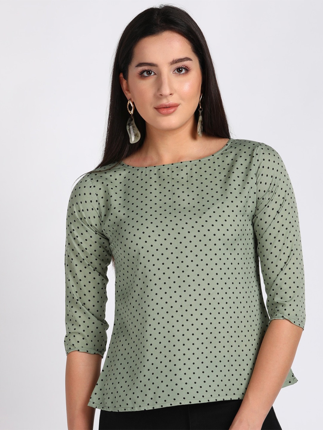 

VAHSON Polka Dots Printed Round Neck Top, Green