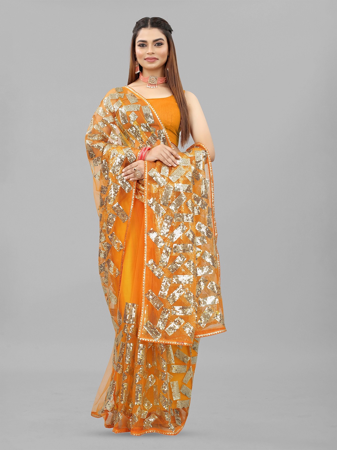 

BARKIYA CREATION Embellished Sequinned Net Saree, Yellow