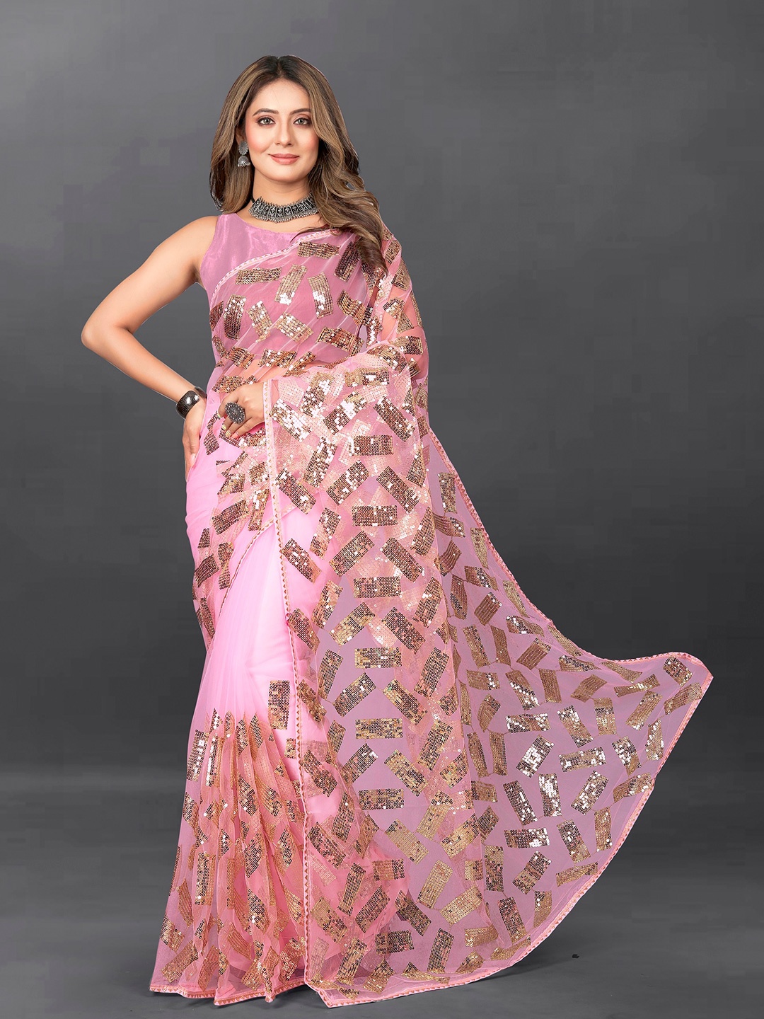 

BARKIYA CREATION Embellished Sequinned Net Saree, Pink
