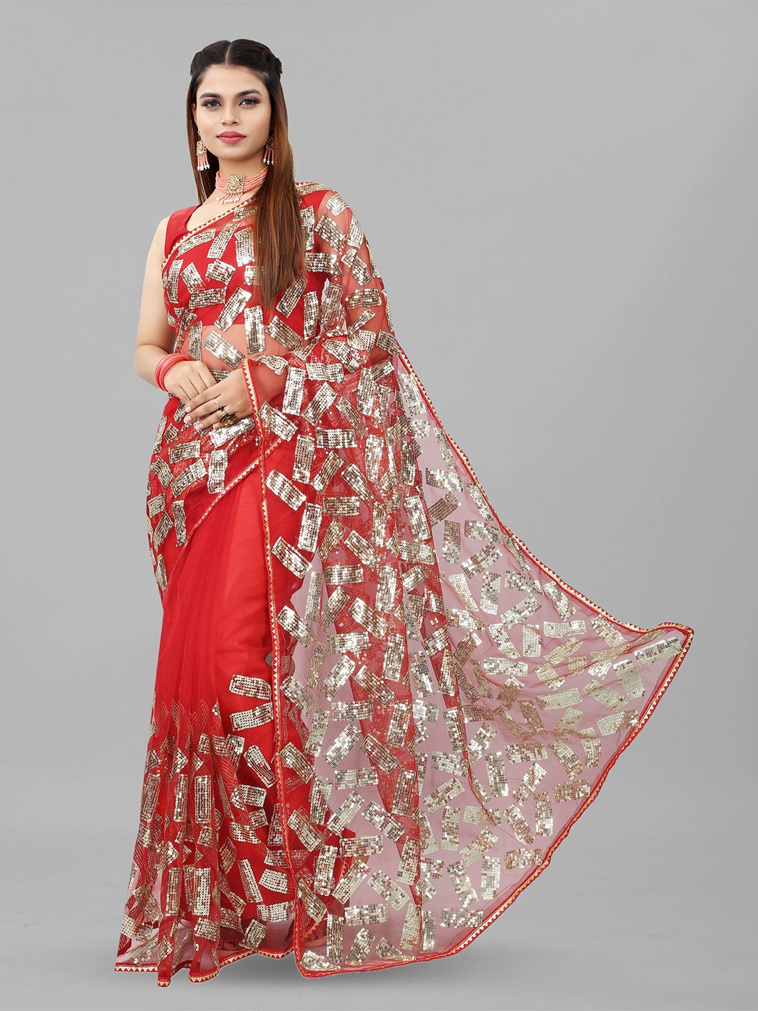 

BARKIYA CREATION Embellished Sequinned Net Saree, Red